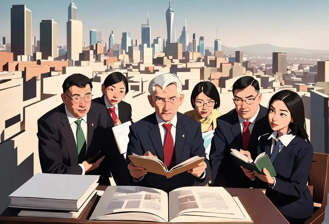 A diverse group of people gathered around a giant open book, dressed in professional attire, cityscape in the background..
