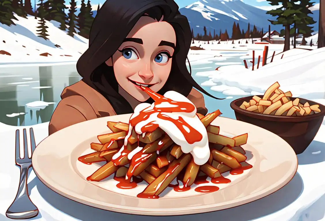 Cheerful person with a fork in hand, enjoying a plate of poutine, cozy winter fashion, snowy Canadian scenery..