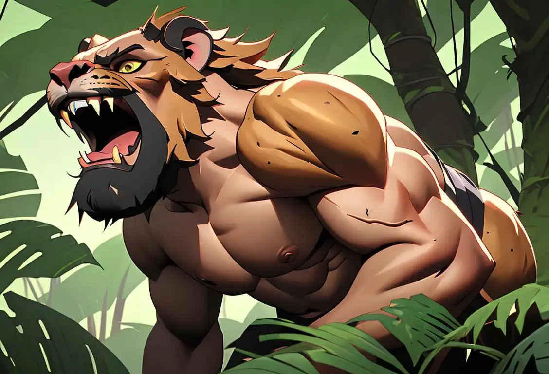 A fierce roaring lion, with a person wearing athletic gear in a jungle setting, showcasing their inner beast mode..
