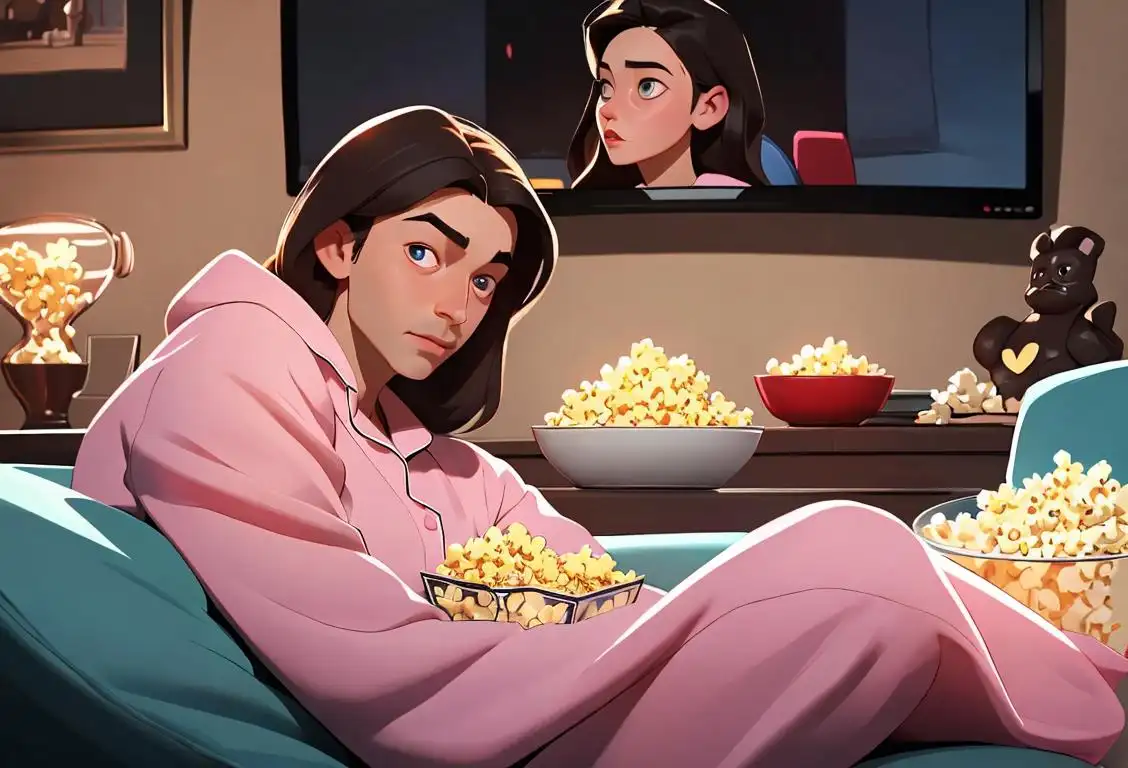 Young man and woman sitting on a couch, watching TV, wearing cozy pajamas, surrounded by popcorn and blankets..