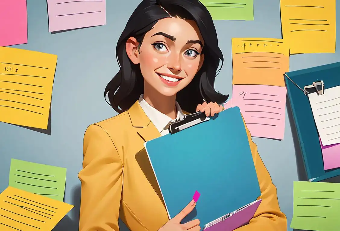 Young woman smiling, wearing business attire and holding a clipboard, surrounded by organized chaos and color-coded post-it notes.