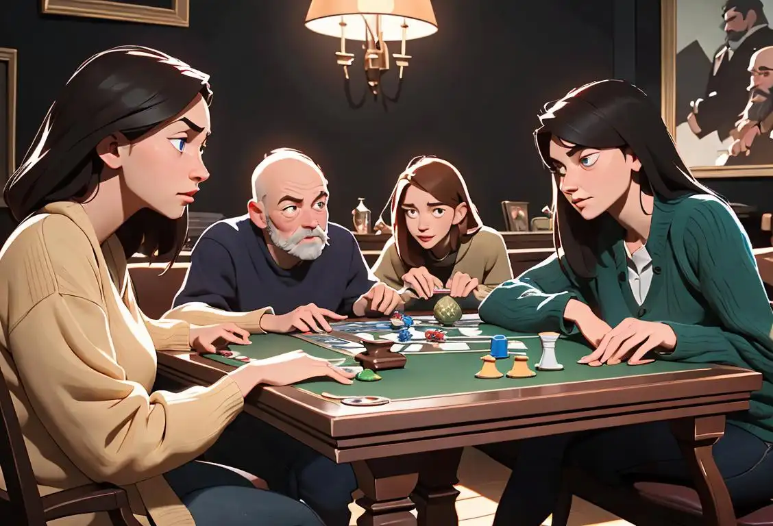 Group of people gathered around a table playing a board game, wearing casual clothes, in a cozy living room setting..