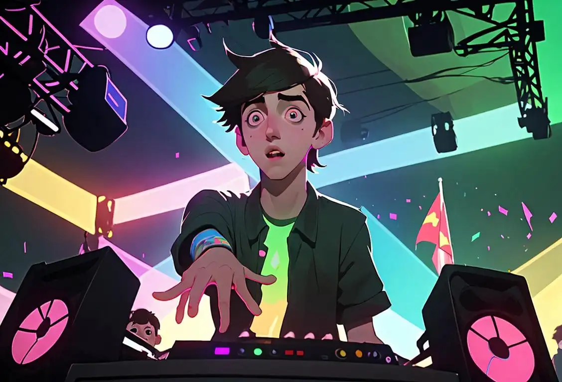 Porter Robinson standing behind a DJ booth, surrounded by colorful lights, with a electrifying crowd dancing and jumping, creating a vibrant atmosphere. Young people with festival attire, glowing accessories, and rainbow flags in the background..