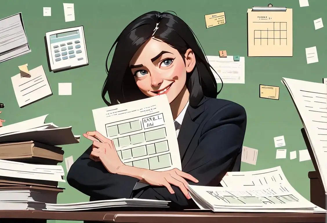 A smiling accountant holding a calculator and surrounded by stacks of paperwork, with a background of a bustling office scene..