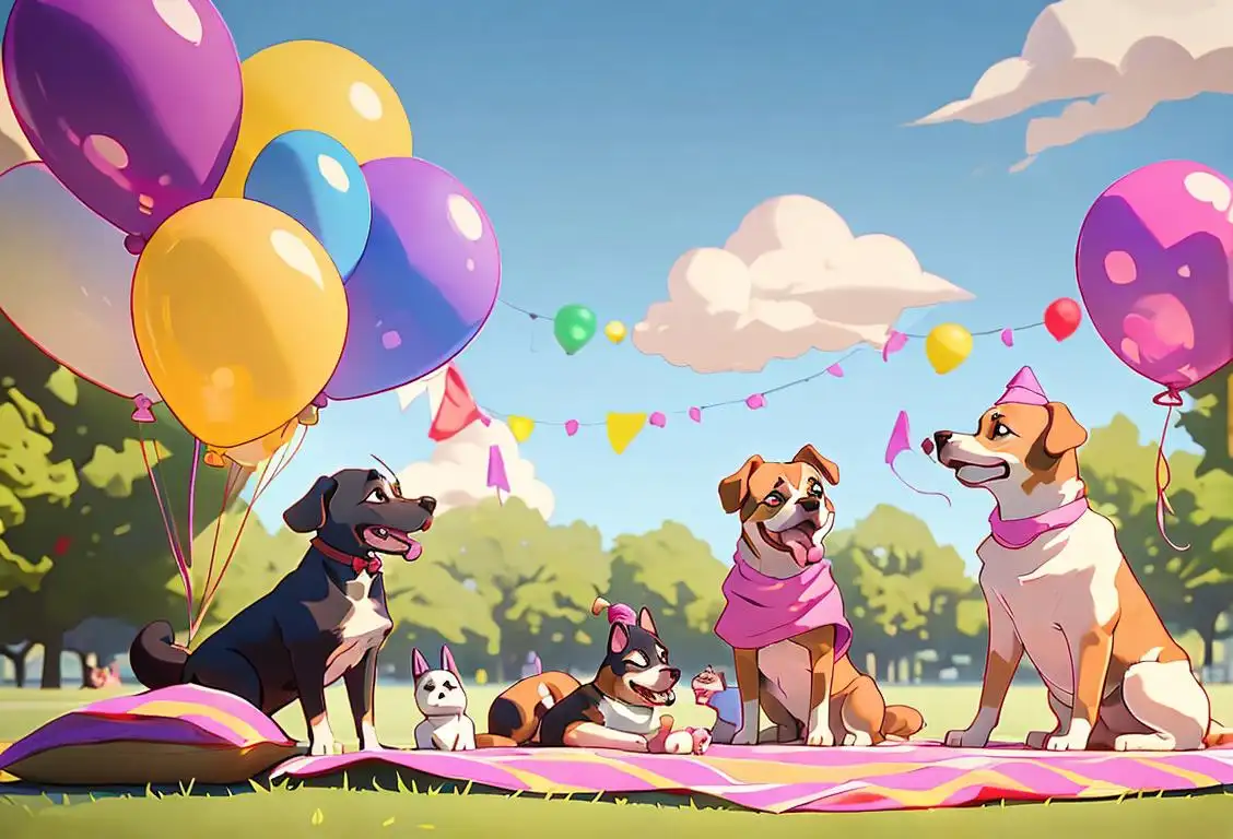 A group of dogs wearing party hats, playing with balloons and enjoying doggy treats in a park filled with picnic blankets and happy people..