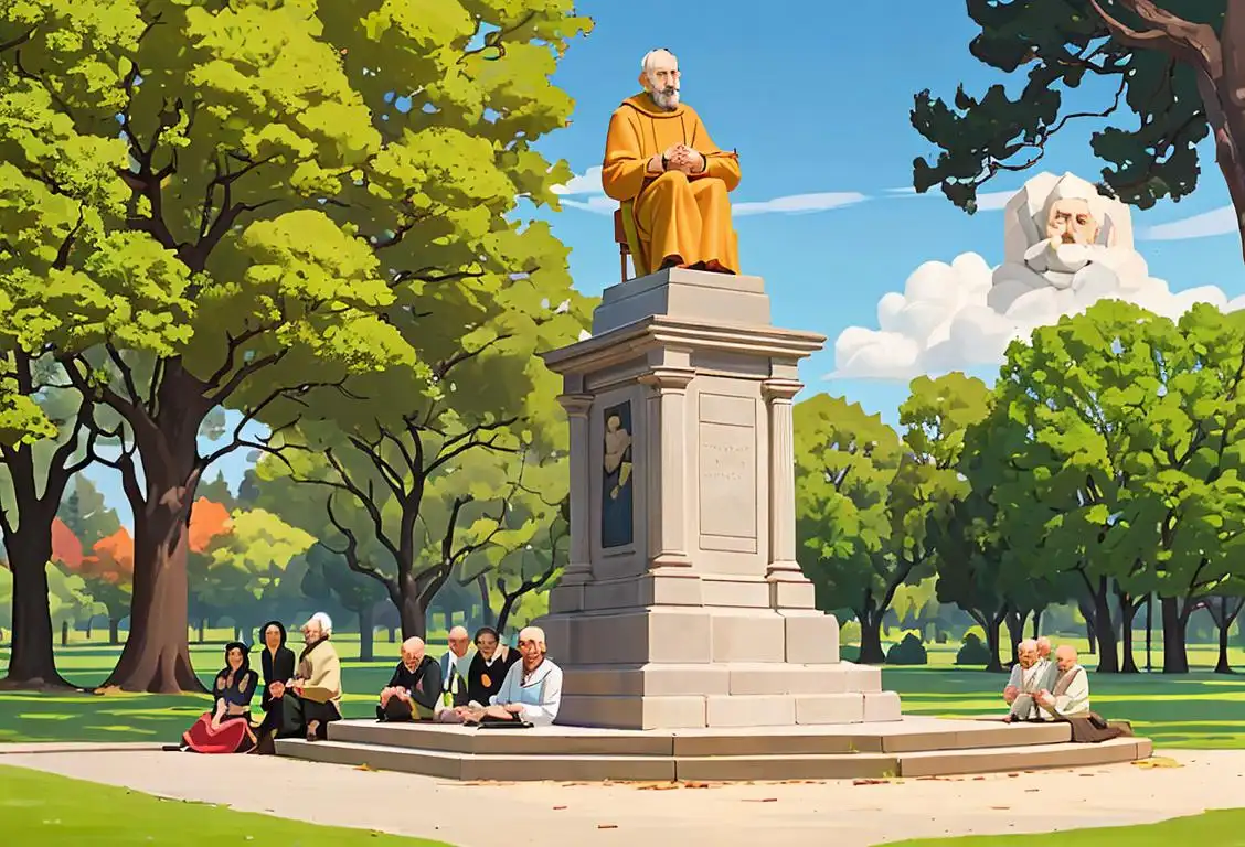 A group of people gathered around a monument dedicated to the Jesuit missionary, wearing casual clothing, in a serene park setting..