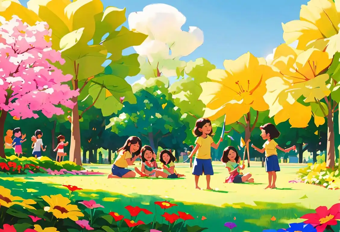 A group of diverse children happily planting colorful flags in a sunny park, wearing summer clothes and surrounded by blooming flowers..