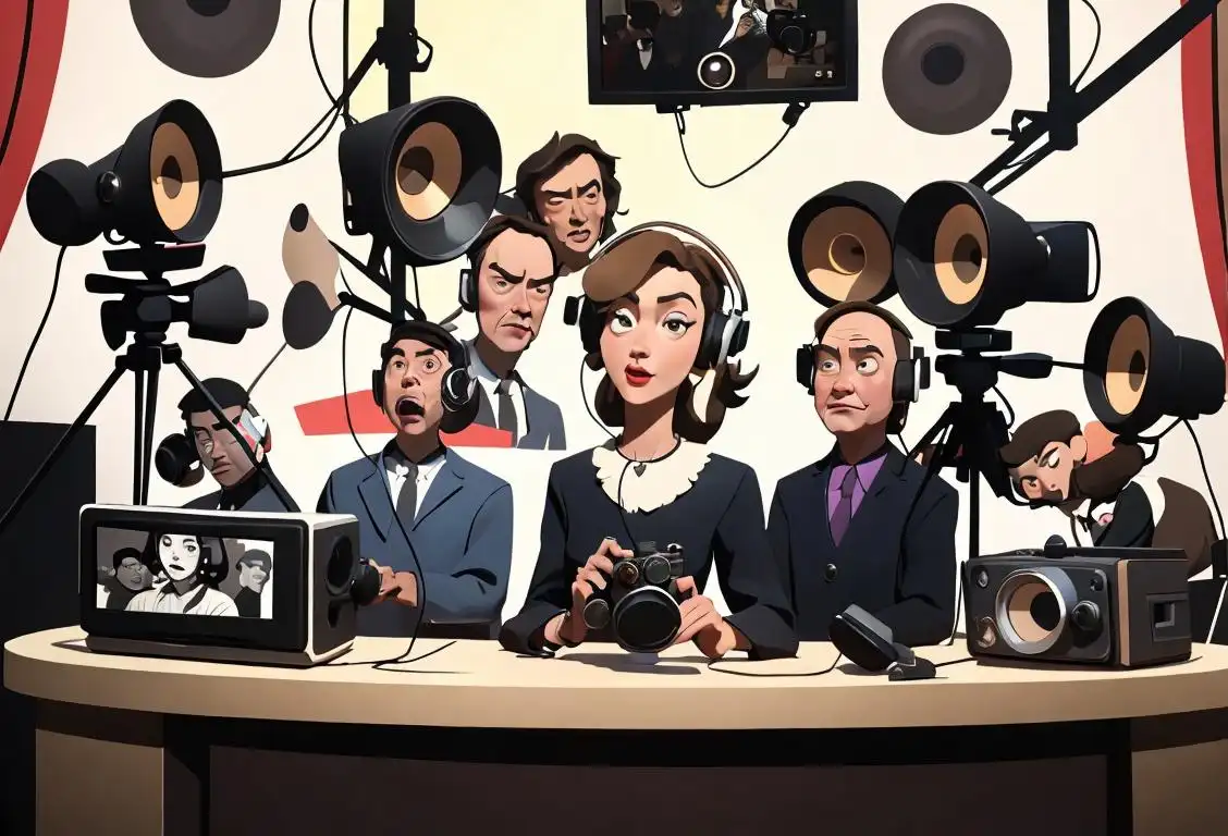 A group of diverse people, dressed in different eras' fashion, showcasing a timeline of broadcasting technology, surrounded by microphones, cameras, and headphones..