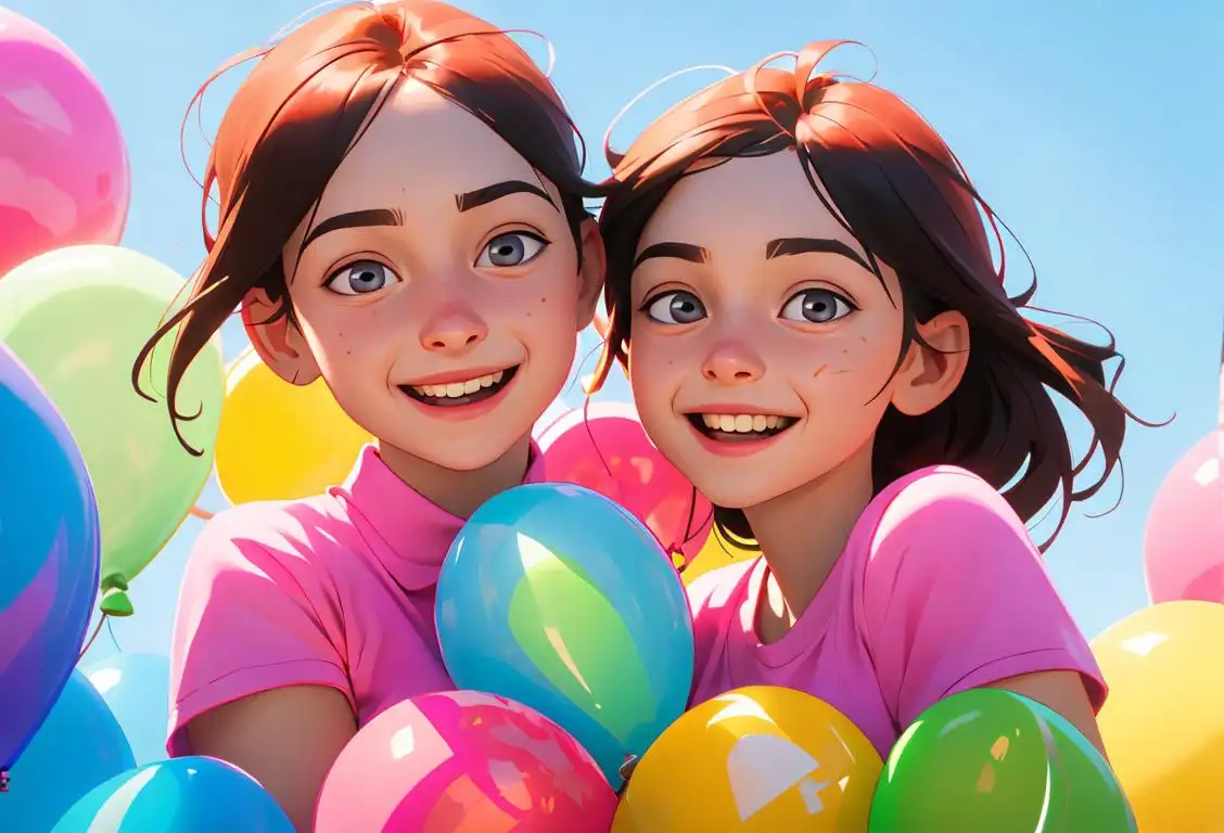 Two siblings hugging outdoors on a sunny day, with colorful balloons and happy, smiling faces..