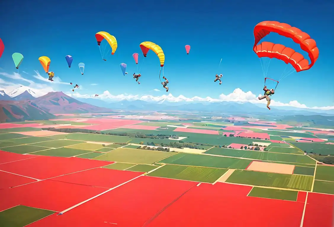 Group of people skydiving with colorful parachutes, wearing jumpsuits, against a scenic backdrop of mountains and blue sky..