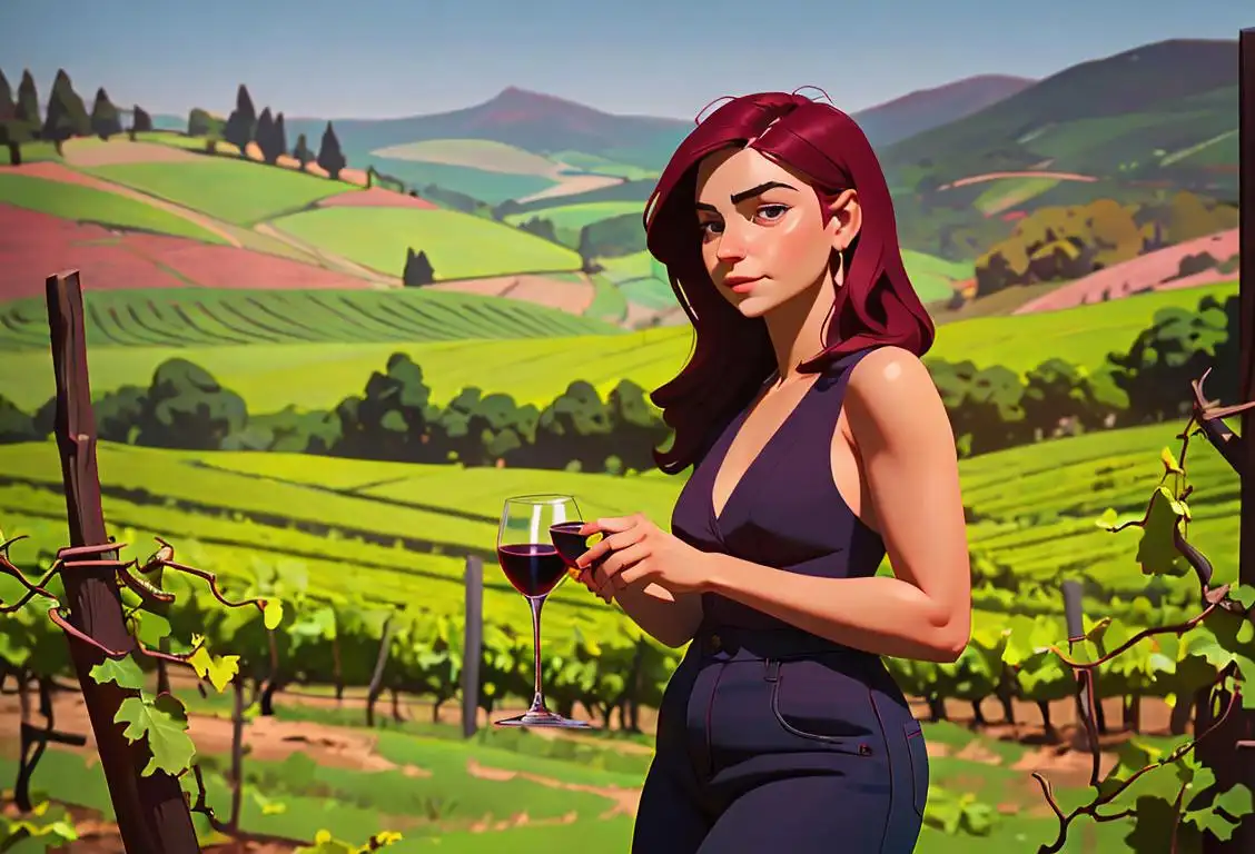 A woman holding a glass of red wine, standing amidst lush vineyards..