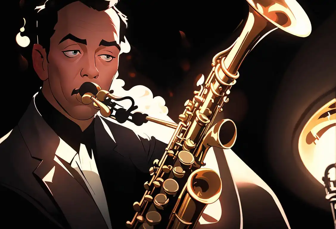 A stylish jazz musician playing the saxophone under a dimly lit spotlight in a smoky jazz club..