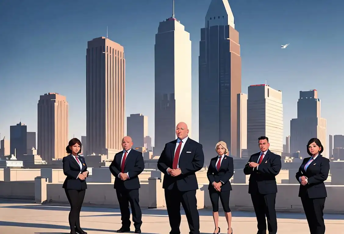 A diverse group of security officers, wearing sharp uniforms, standing in front of a modern city skyline..