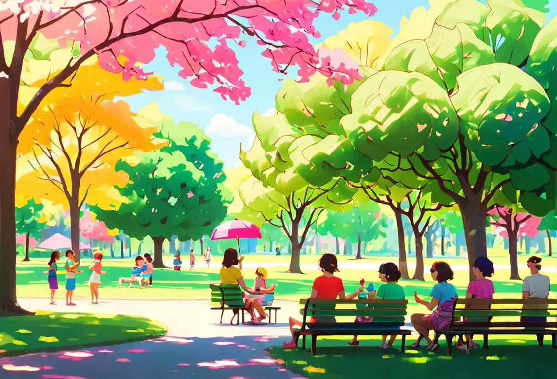 A group of diverse people, wearing colorful summer outfits, enjoying free ice cream in a sunny park surrounded by lush green trees..
