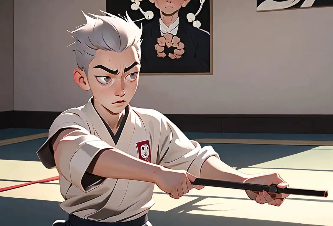 Young person holding a bokuto, wearing a karate uniform, dojo setting with Japanese martial arts inspired decor..