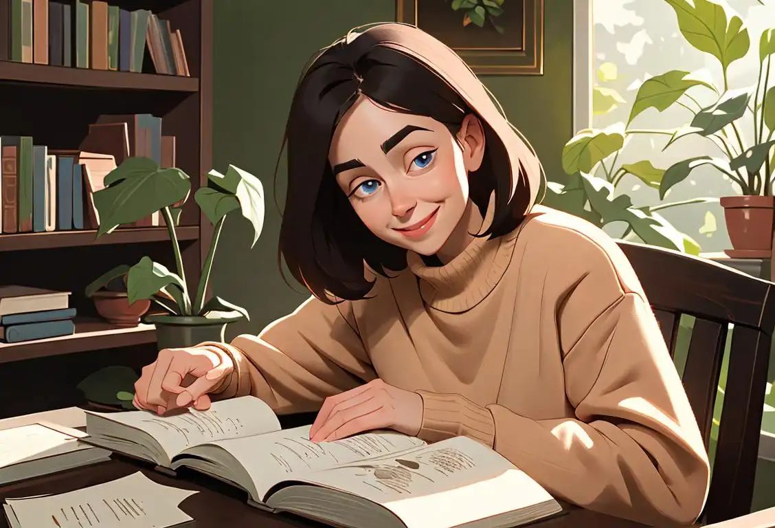 A caring individual with a warm smile, wearing a cozy sweater, in a peaceful home setting surrounded by plants and books..