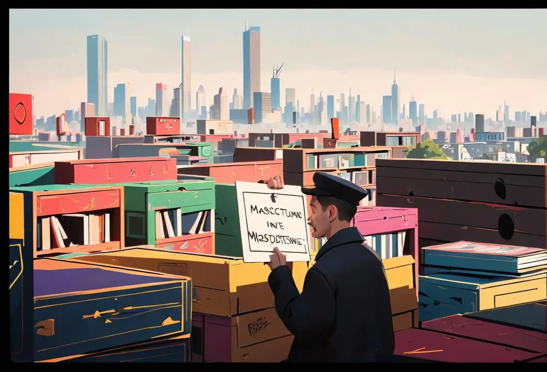 A person holding a sign that says 'More Tautologies, More Fun!' in front of a vibrant city skyline with a collection of books around them..
