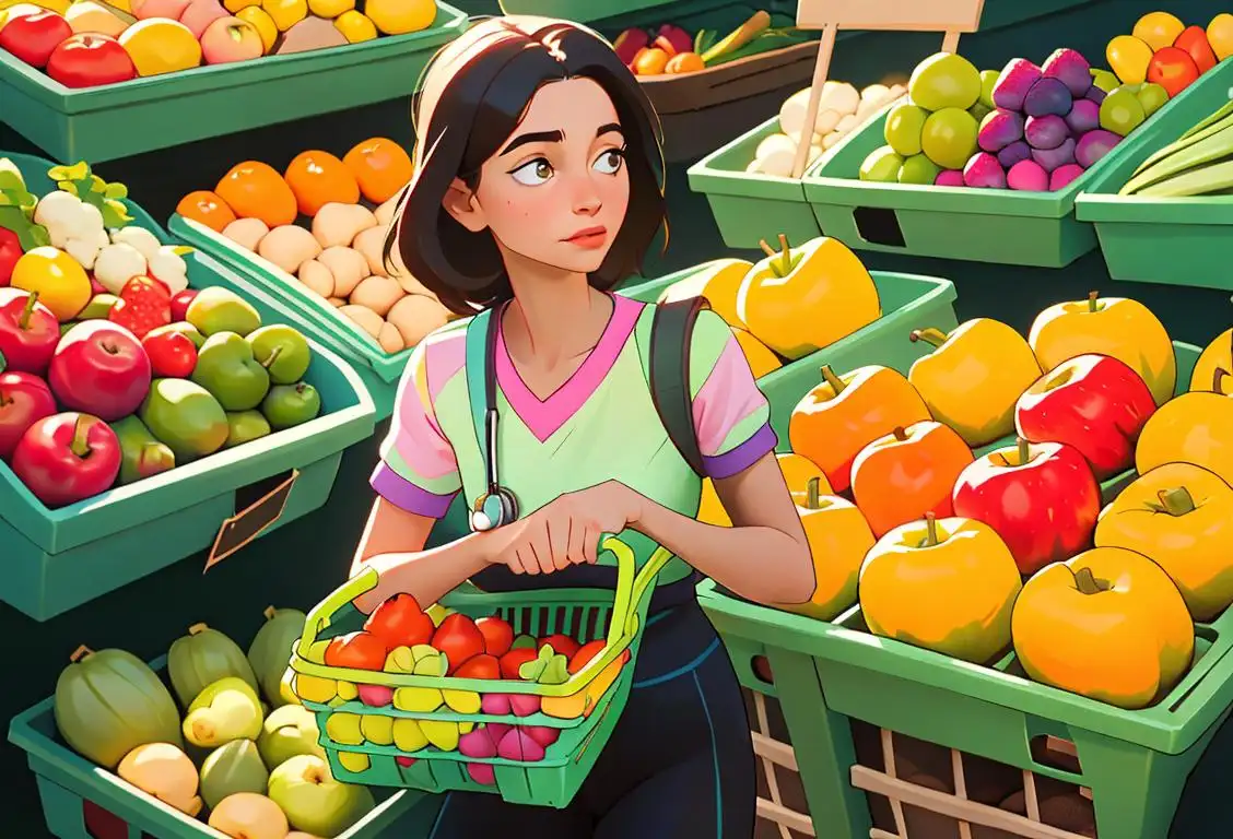 Young woman in active wear, holding a shopping basket, surrounded by colorful fruits and vegetables at a farmer's market..