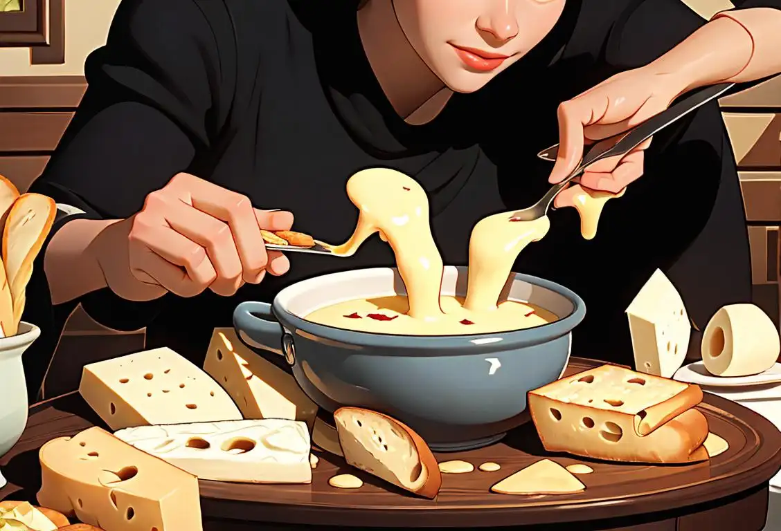 A group of friends gathered around a table, dipping bread and fruits into a bubbling pot of cheese fondue, wearing casual clothing, cozy home setting..