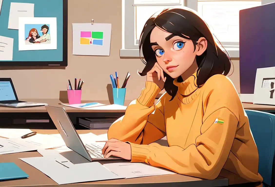 Bright-eyed person with laptop surrounded by colorful documents, wearing a cozy sweater, modern office setting, celebrating National Registration Day..