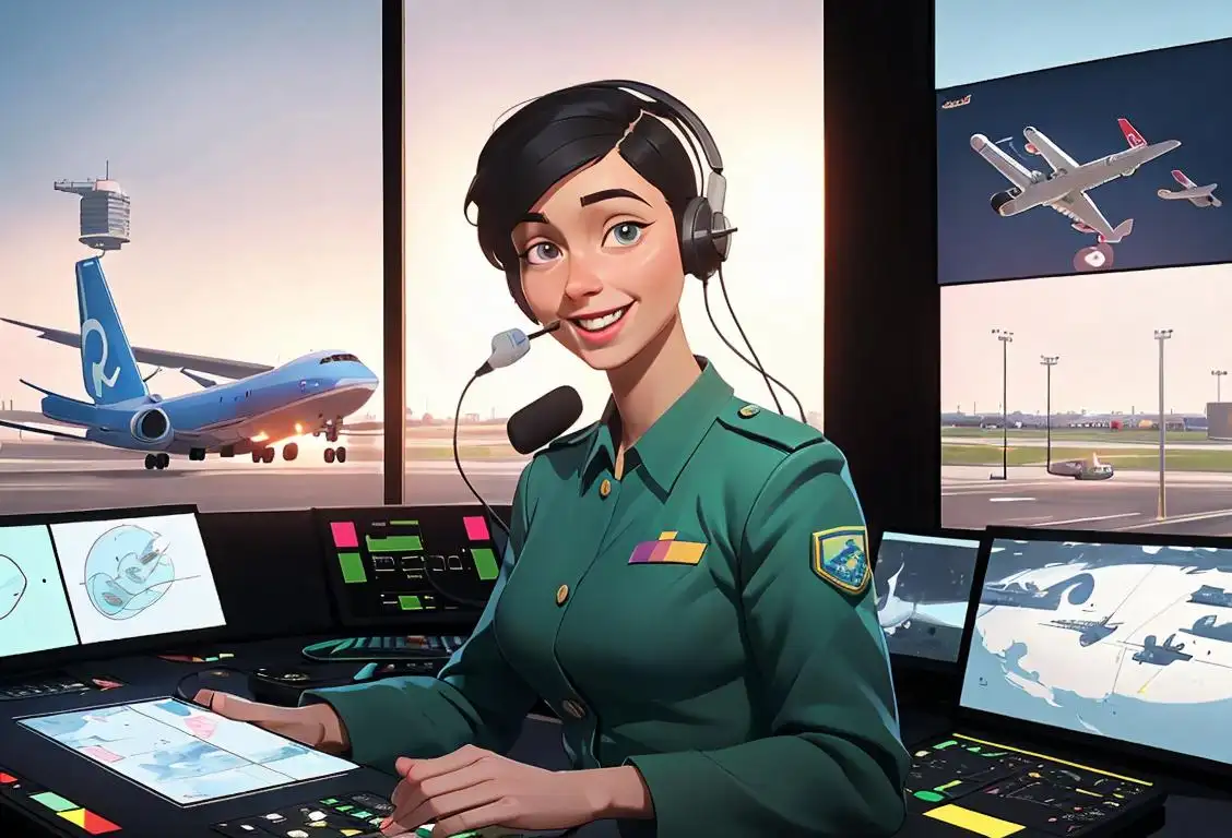 A cheerful air traffic controller with a headset, standing near a control tower in a bustling airport, wearing a professional uniform..