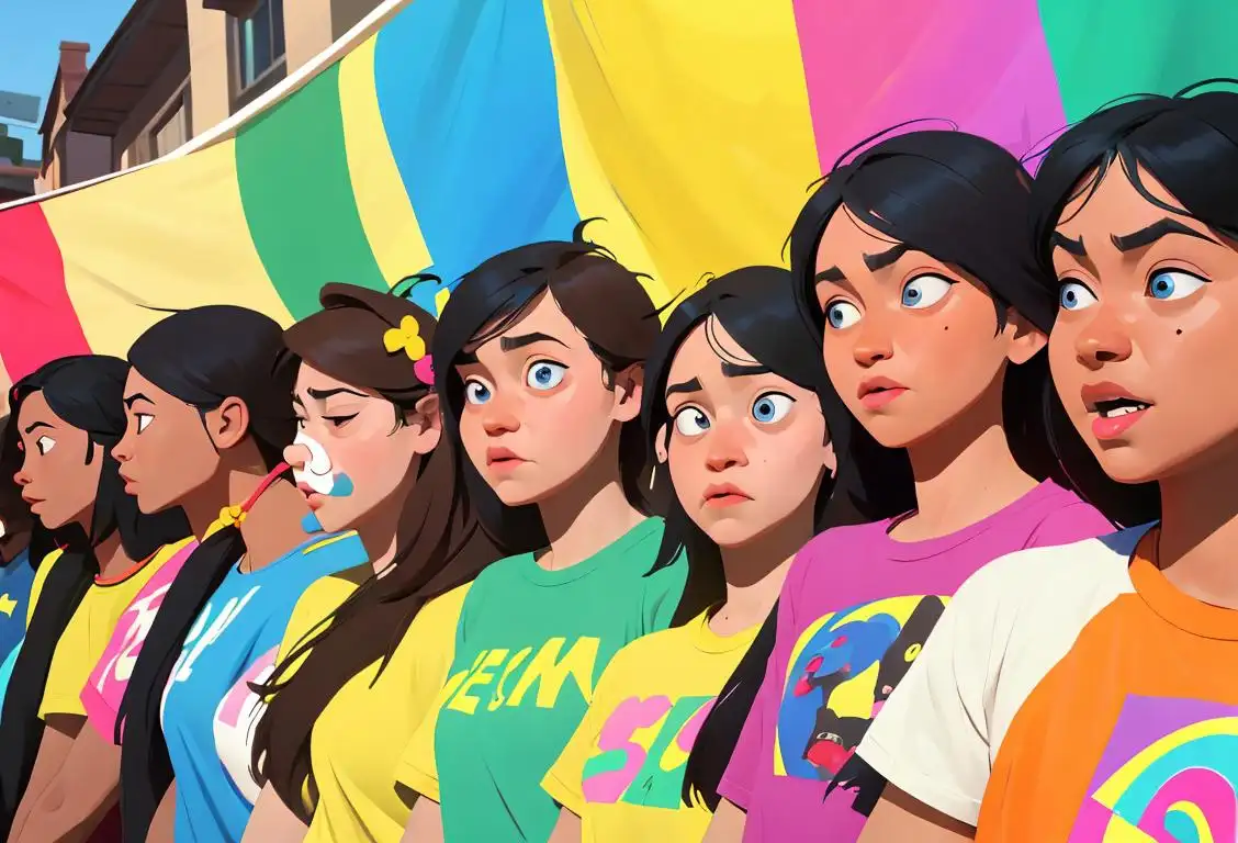 A diverse group of individuals wearing fun and colorful t-shirts, holding banners promoting inclusivity and diversity, with a backdrop of a vibrant community gathering..