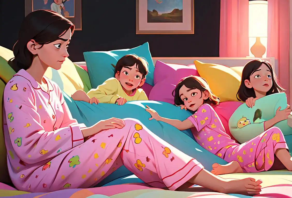 A group of people of different ages happily lounging in colorful pajamas, surrounded by cozy blankets and pillows..