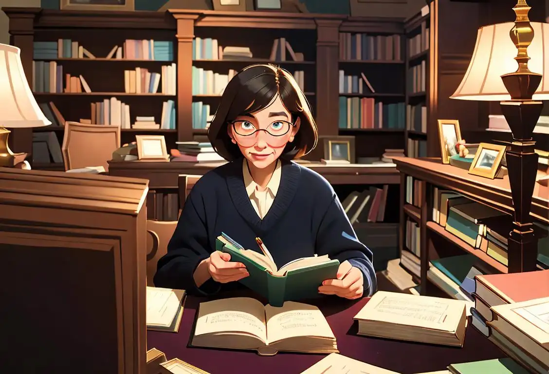 A friendly library technician wearing glasses and organizing books in a cozy library, surrounded by bookshelves filled with colorful books..
