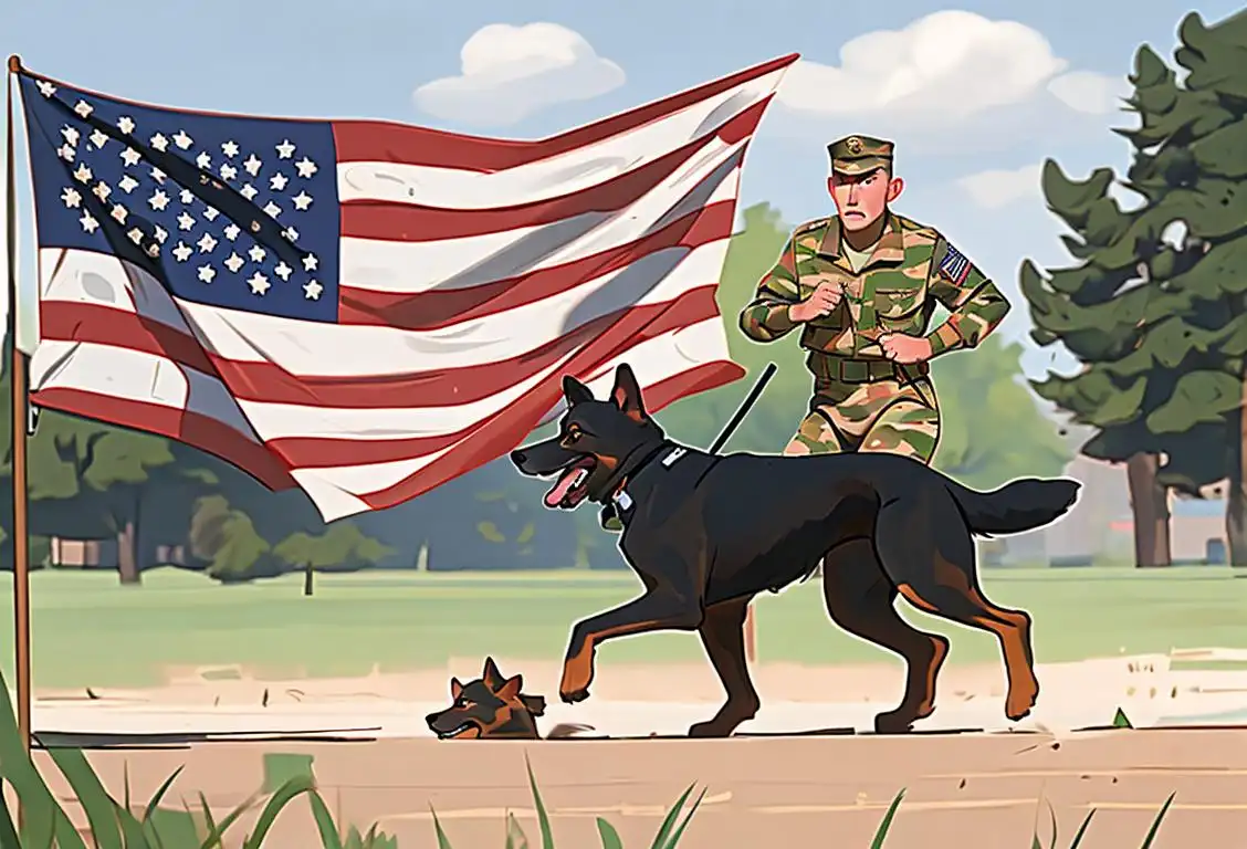 A brave military working dog with a handler, dressed in camo uniforms, in a training field surrounded by American flags..