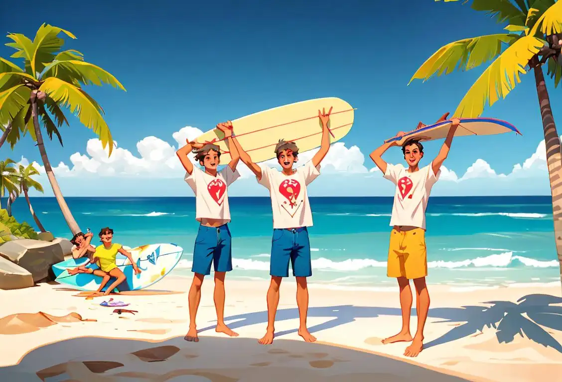 Group of male friends wearing matching t-shirts, holding up a 'bros before hoes' sign, beach scene with palm trees and surfboards, casual summer fashion..
