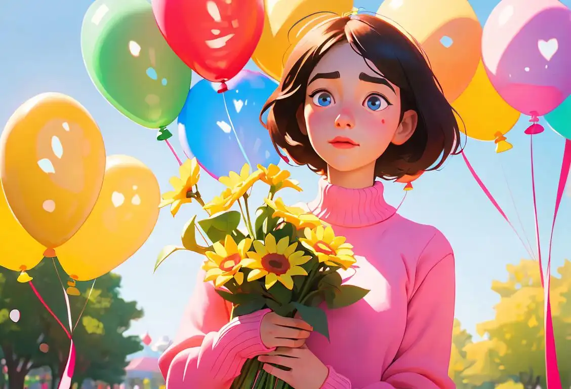 A cute young girl holding a bouquet of colorful balloons, wearing a cozy sweater, in a sunny park..
