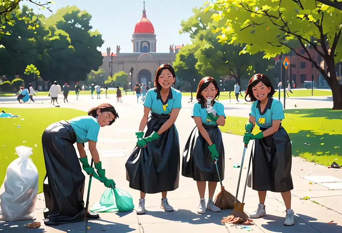 A group of diverse people wearing gloves and holding trash bags, cleaning up a park with smiles on their faces..