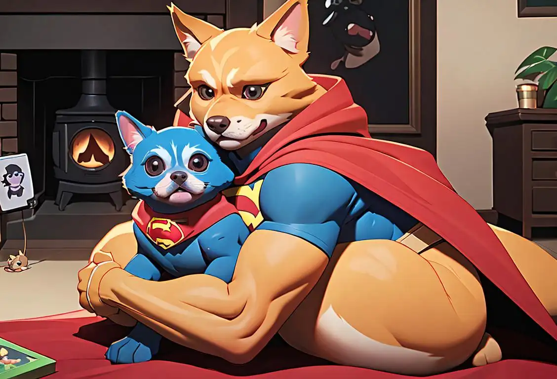 A person wearing a superhero cape, holding a furry pet with a safety collar, surrounded by pet safety equipment and a cozy living room setting..