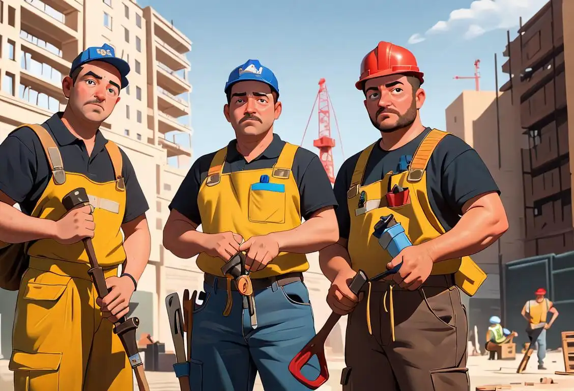 A group of diverse tradespeople in work attire, proudly holding their tools, against a backdrop of a bustling construction site..