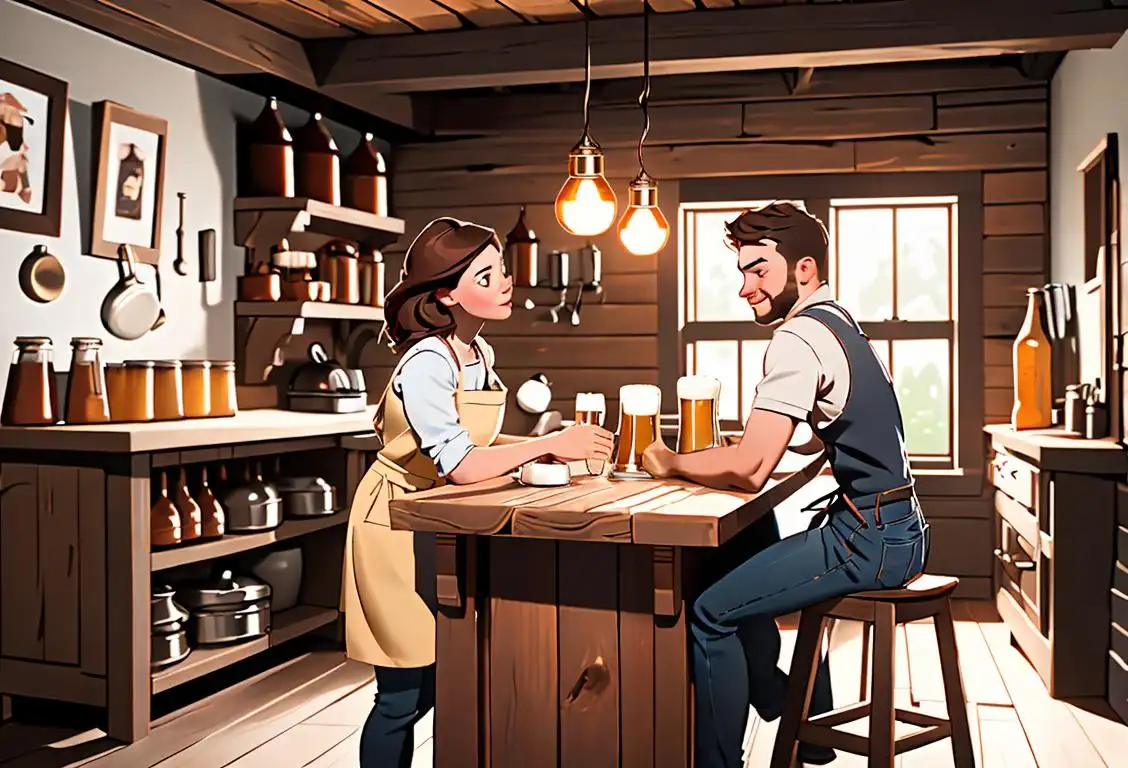 Young couple brewing beer together, wearing matching aprons, rustic kitchen setting, surrounded by beer bottles and brewing equipment..