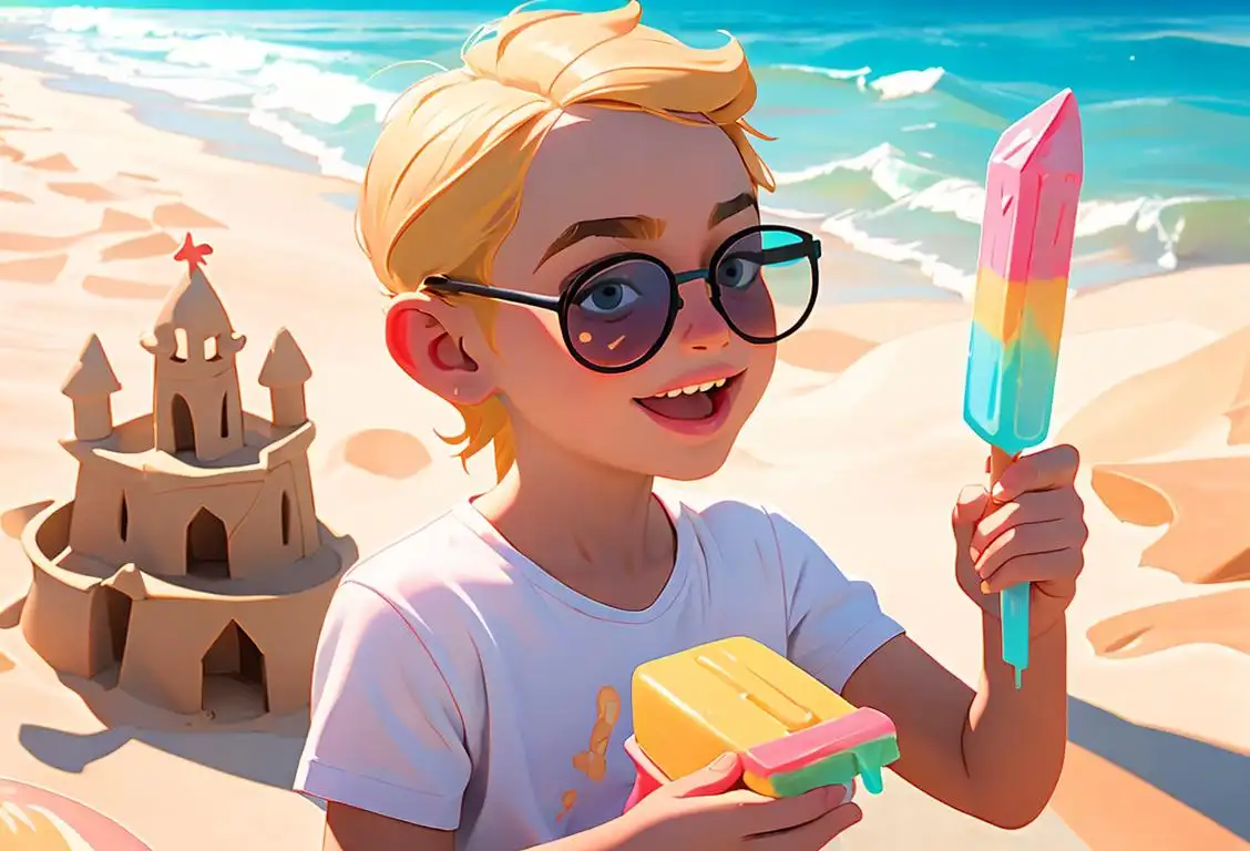 A joyful child wearing sunglasses, holding a colorful popsicle, beach scene with sand castle in background..