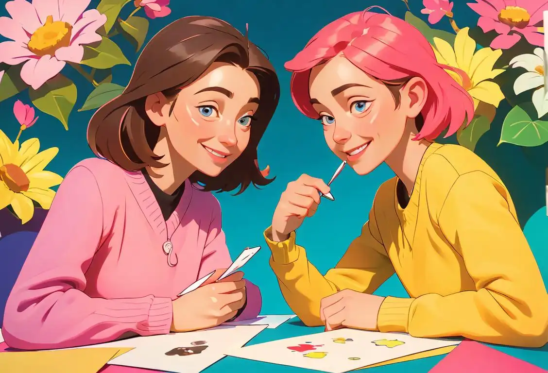 Two friends sitting at a table, writing colorful cards with smiling faces, surrounded by bright stationery and flowers..