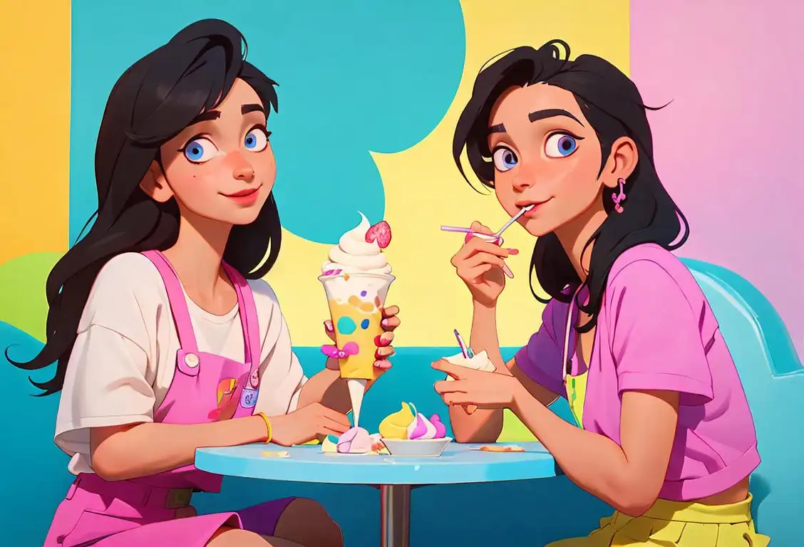 Two friends enjoying frozen yogurt in a trendy froyo shop, wearing colorful summer outfits, urban city setting..