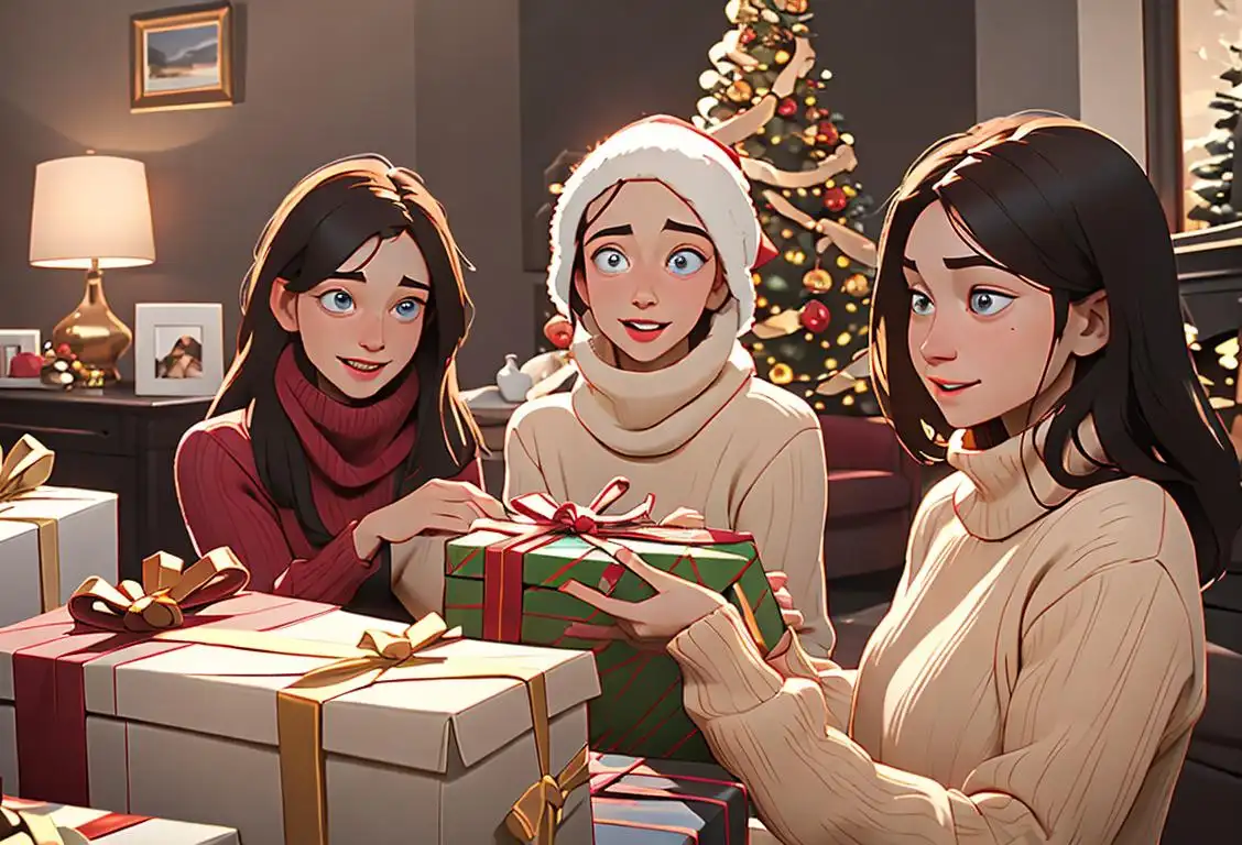 Happy group of friends exchanging beautifully wrapped presents, cozy winter sweaters, living room decorated for the holidays..
