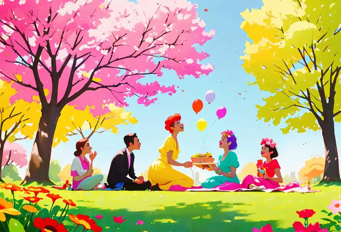 A group of diverse individuals wearing colorful outfits, enjoying a picnic in a park surrounded by vibrant flowers and balloons..