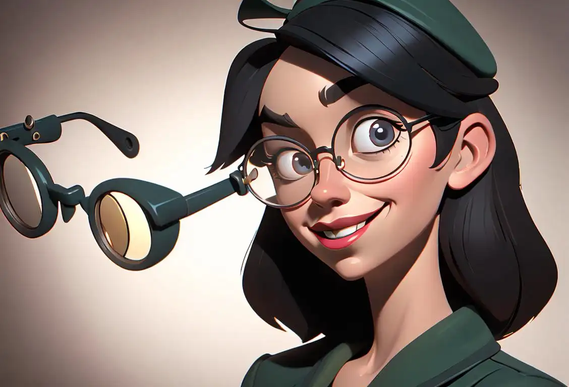 Young woman with mischievous grin, wearing a detective hat, retro fashion, surrounded by magnifying glasses and Pinocchio noses..