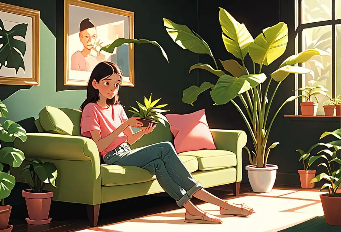 Young person lovingly tending to a variety of lush houseplants, wearing casual clothes, in a cozy, sunlit living room..