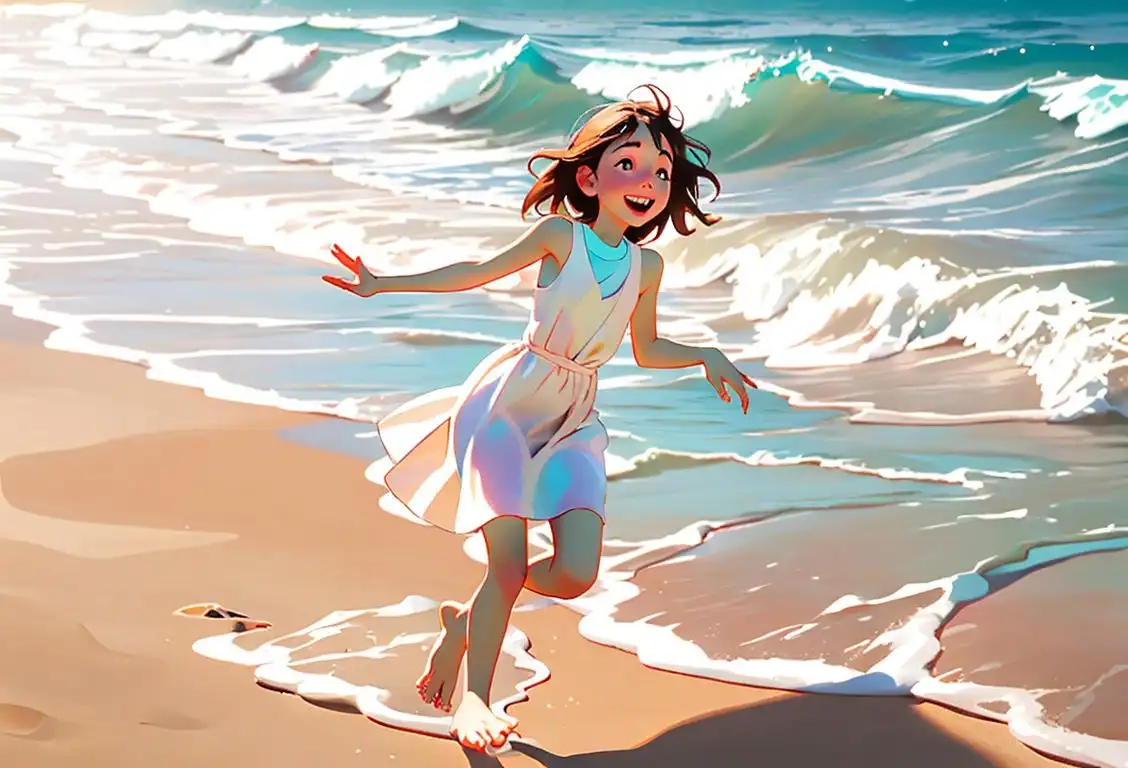Young girl happily skipping on a sandy beach, wearing a colorful beach dress, surrounded by seashells and ocean waves..