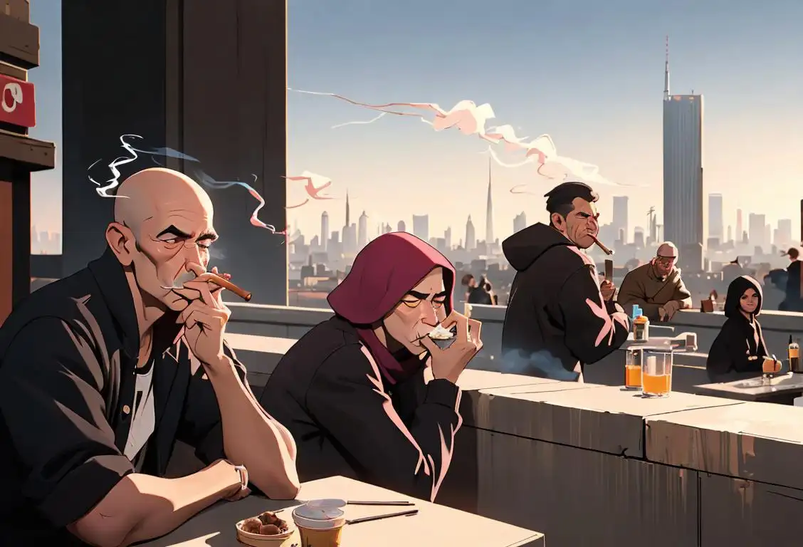 A group of diverse people enjoying a smoke break, wearing casual attire, urban cityscape in the background..