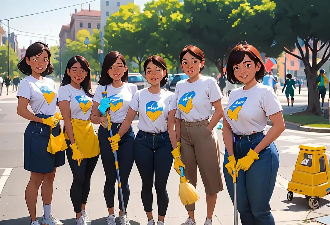 A diverse group of people wearing matching t-shirts, carrying cleaning supplies, smiling while volunteering for National Service Day. Clean surroundings, parks, and streets..