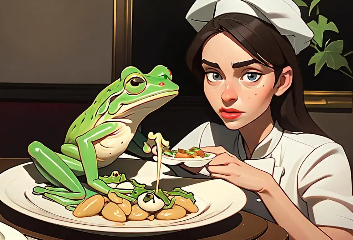Young woman holding a plate of mouthwatering frog legs, wearing a chef hat, French bistro setting..