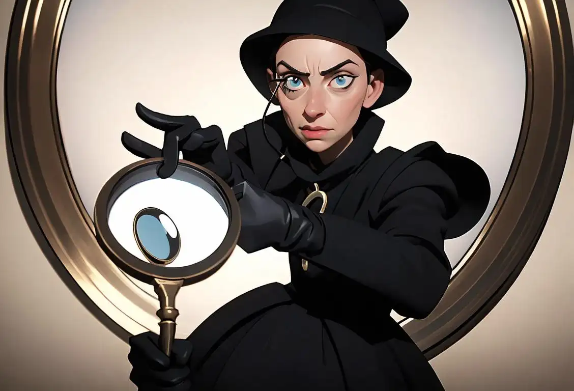 A person dressed in black, wearing gloves, holding a magnifying glass, and standing in front of a mysterious backdrop..