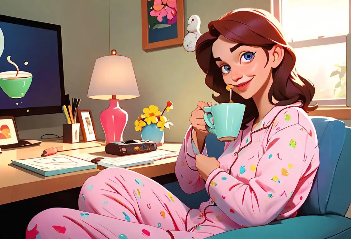 A cheerful person in colorful pajamas, sipping coffee, surrounded by their cozy home office setup..