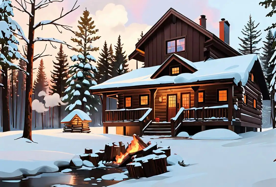Cozy log cabin nestled in a snowy forest, with a person wearing a plaid flannel shirt and sipping on a steaming mug of hot cocoa..