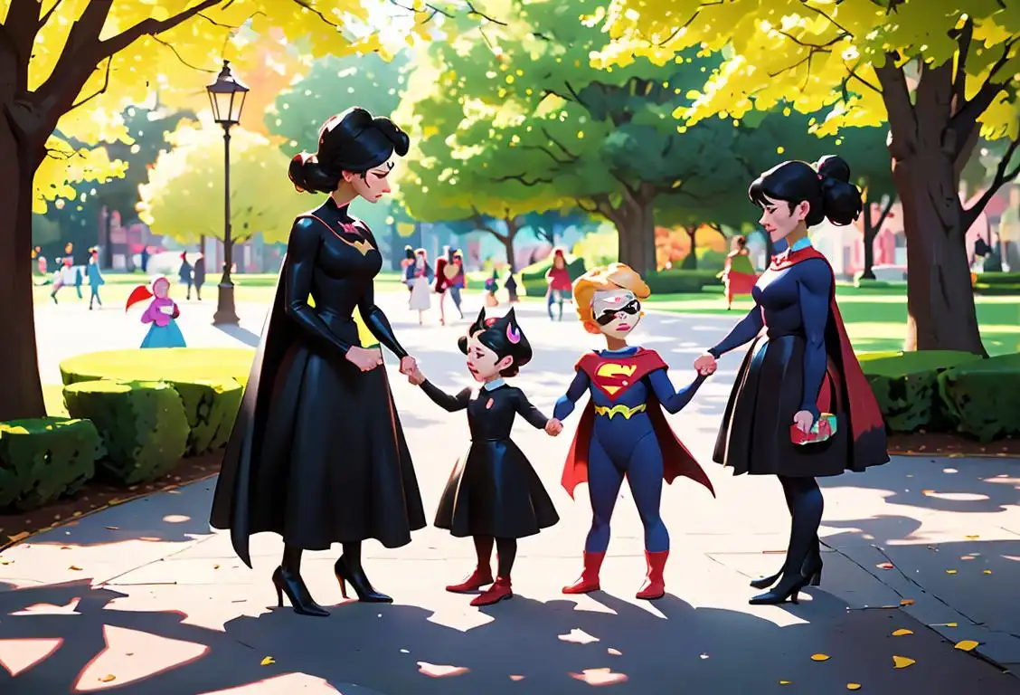 A group of nannies dressed as superheroes, surrounded by children dressed up as their favorite fictional characters, in a colorful park setting..